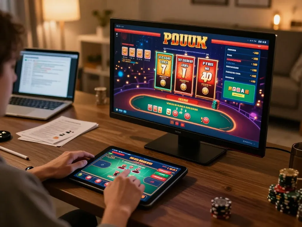 88AA online gaming session featuring poker, slots, and sports betting interface on a tablet in a cozy home.
