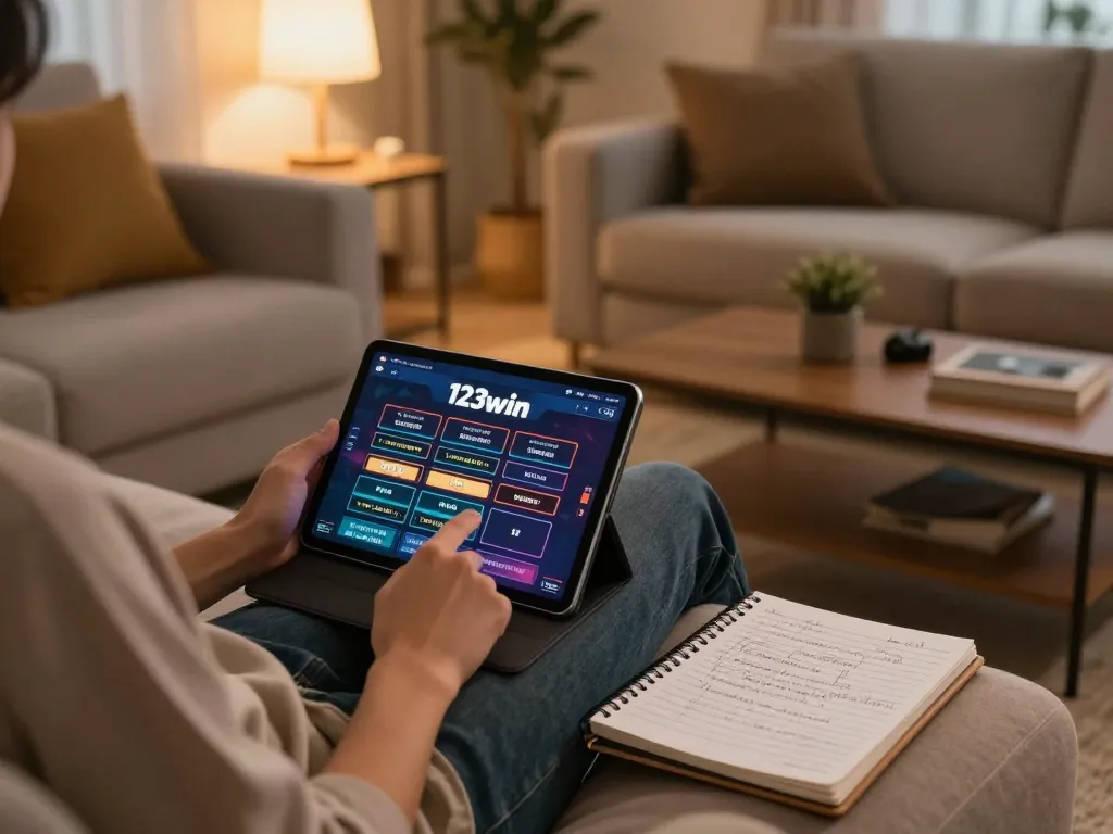 Engaging in online gaming on 123win interface from a cozy living room.