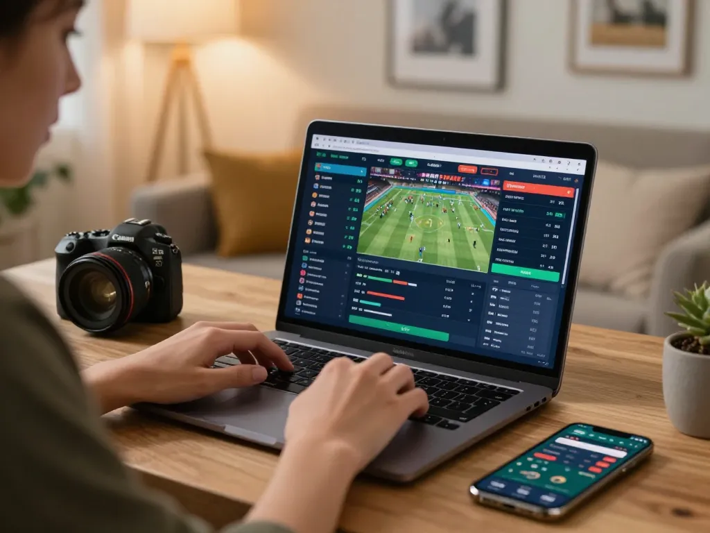 Person engaging in strategic sports betting on Fabet through a laptop and smartphone in cozy setting