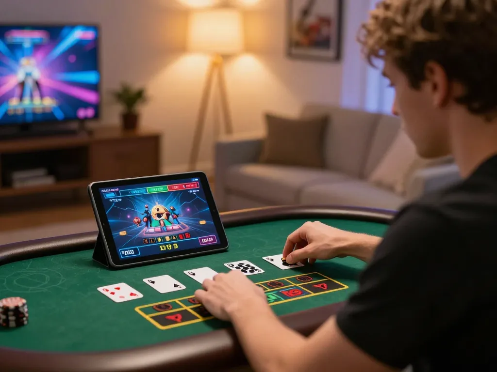 Engaged player at Nhà cái NOHU90 enjoying live dealer gaming experience at home.