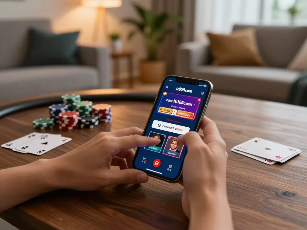 Engaging gameplay on 1u888com mobile app showcasing poker action with chips and cards.