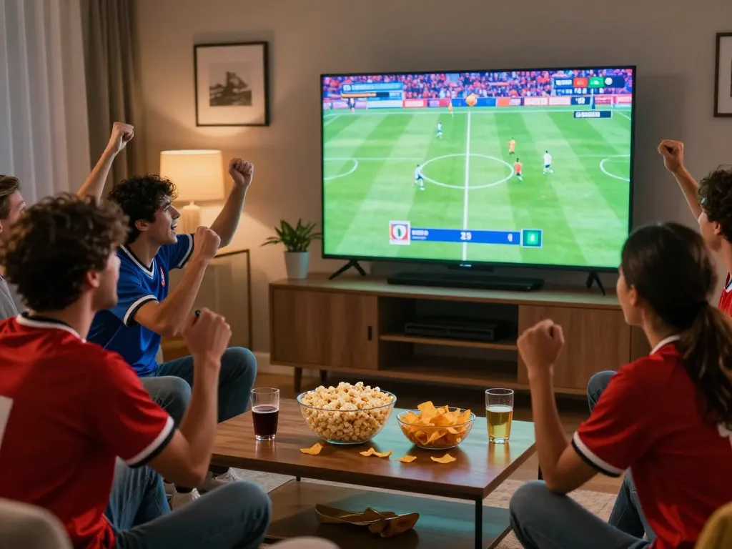Fans enjoying a thrilling match on luong son tv, cheering with snacks and drinks.
