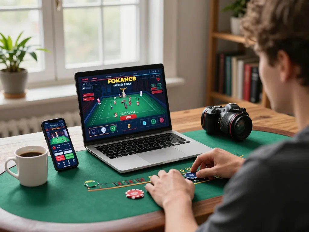 Engaging in a lively online casino gameplay with KK55, featuring live dealer blackjack on a laptop.