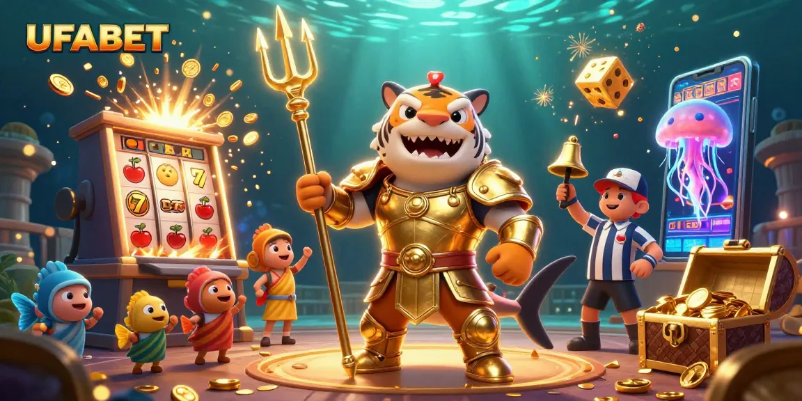 Experience thrilling gambling with UFABET in a vibrant underwater casino scene featuring a trident-wielding tiger shark.