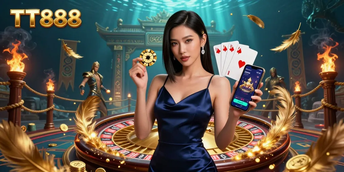 Engage in thrilling activities at TT888, where an elegant woman showcases a casino app and golden chip amidst captivating gaming elements.