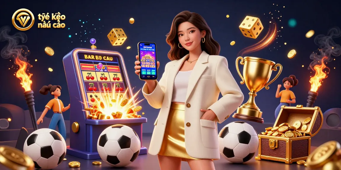 Engaging Asian woman demonstrating sports betting app on smartphone viewing tỷ lệ kèo nhà cái amidst colorful casino elements