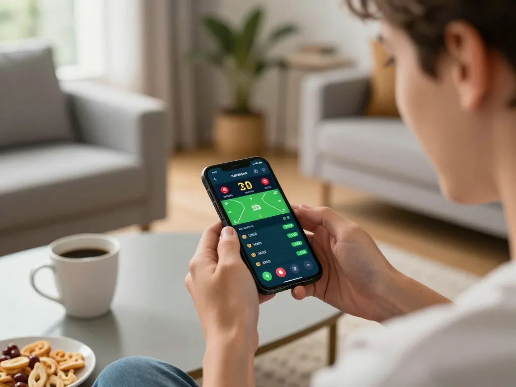 Engaged player analyzing sports bets on nk88 app with excitement in casual home setting.