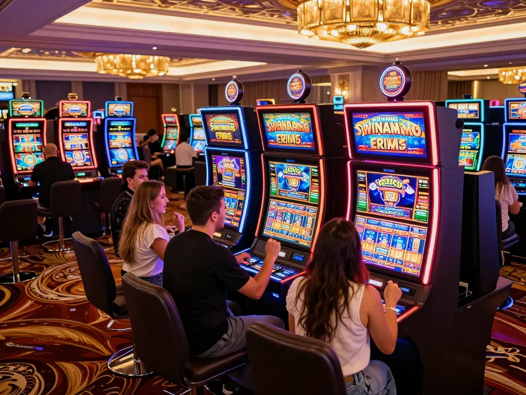 Players celebrating wins at vibrant slot machines at rikvip86 casino.