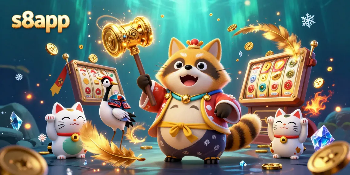 S8app slots showcase with a cheerful tanuki and fortune cats celebrating wins in a vibrant casino scene.