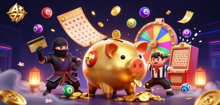 Win big at 77 with a colorful casino-themed 3D illustration showcasing dynamic game elements.