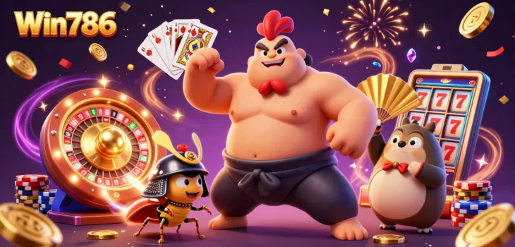 Win786 showcases a powerful sumo rooster in a casino scene, spilling golden coins and gems.
