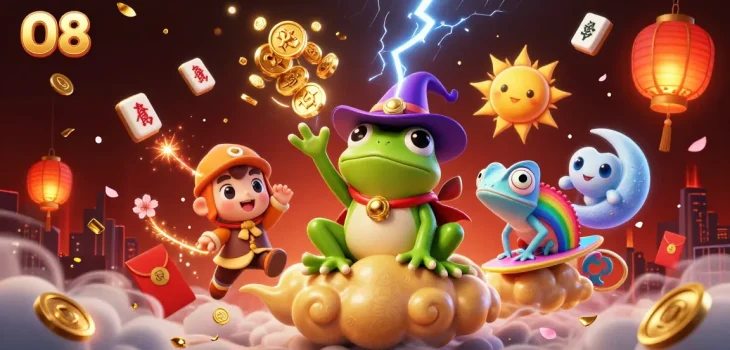 Experience thrilling gameplay at O8 with a vibrant illustration of lucky elements and characters.