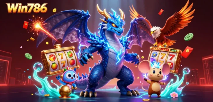 Win786 casino illustration featuring dynamic game elements, jackpot slots, and vibrant energy