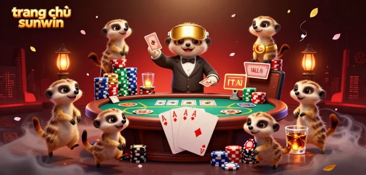 Engaging meerkats running a lavish casino operation at trang chủ sunwin with vibrant poker elements.