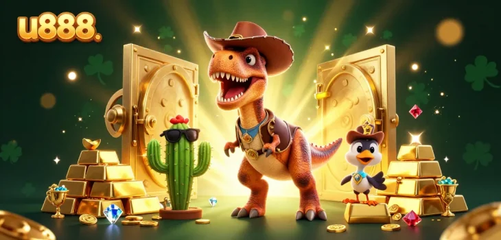 Experience thrilling gaming action at u888. with vibrant characters in a dynamic casino scene.