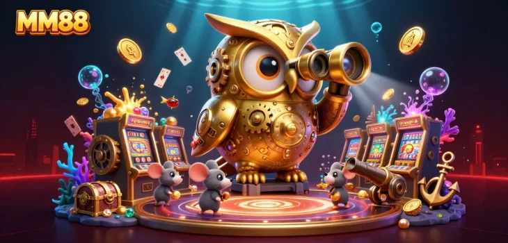 Experience the MM88 casino world with a dynamic scene of a golden owl perched on a vault amidst thriving slot machines.