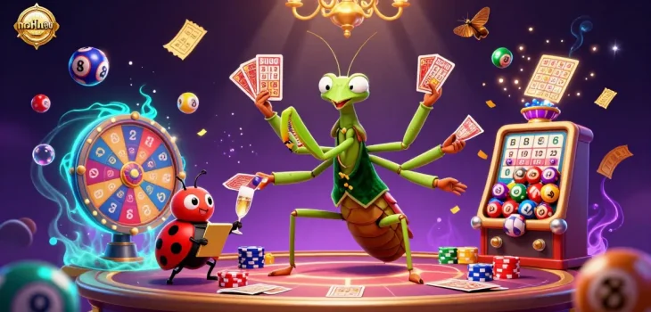 Engage with nohu90's dynamic casino scene featuring a mantis dealer, ladybug pit boss, and vibrant game elements.