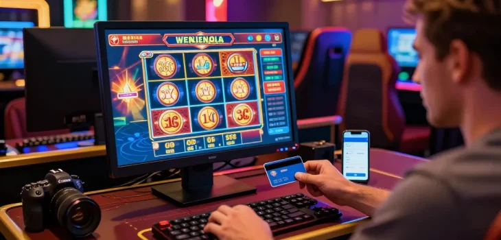 Player using credit card at an online casino, showcasing vibrant game selections at https://ccrm.org.uk/ with a dynamic atmosphere.
