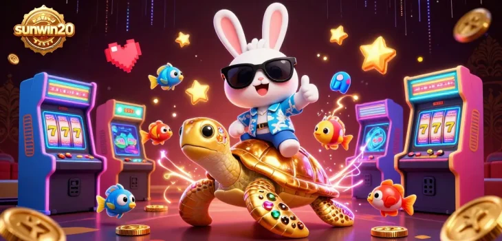 Experience the excitement of sunwin20 with a vibrant casino scene featuring lucky rabbit and golden sea turtle.