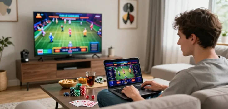 Engaging scene of a player enjoying credit card casinos at home, with gaming elements and cozy atmosphere.